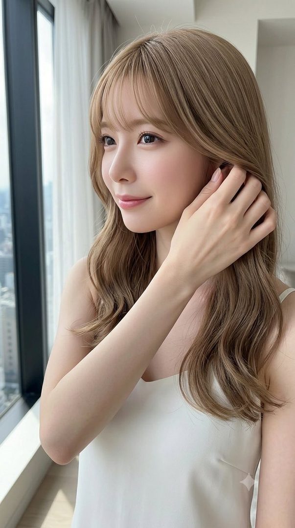 A beautiful Japanese woman with long blonde curly hair and bangs, wearing a white top, looks out a window in a high-rise building.