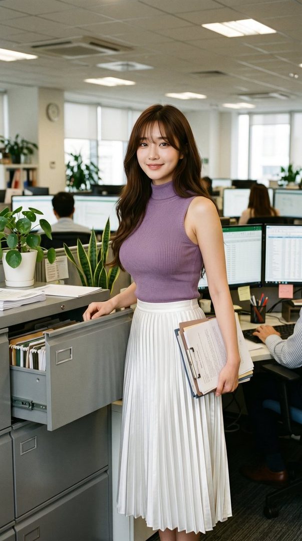 A young East Asian woman in a purple sleeveless turtleneck and a white pleated skirt stands in an office, holding a clipboard.