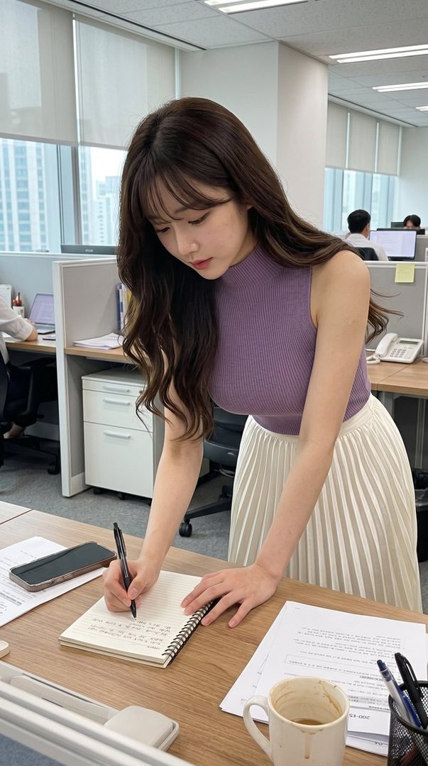 A young woman with long brown hair is writing in a notebook at her office desk, wearing a purple sleeveless top and a white pleated skirt.