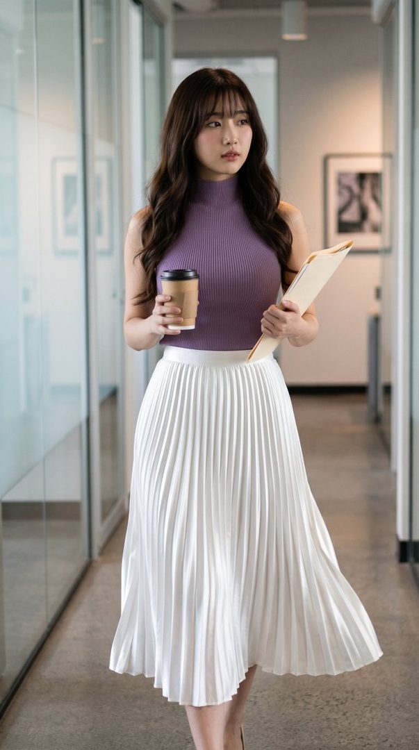 A young East Asian woman in a purple sleeveless top and a white pleated skirt walks down an office hallway, holding a coffee cup and a folder.