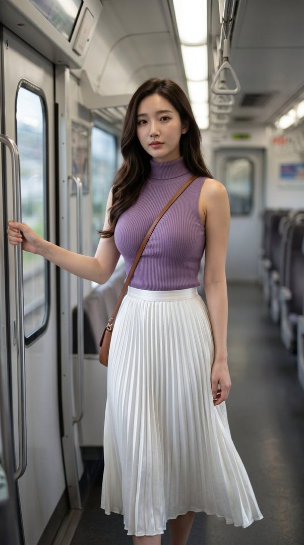 A young East Asian woman with long dark hair, wearing a purple sleeveless turtleneck and a white pleated skirt, stands inside a train car, holding onto the door frame.