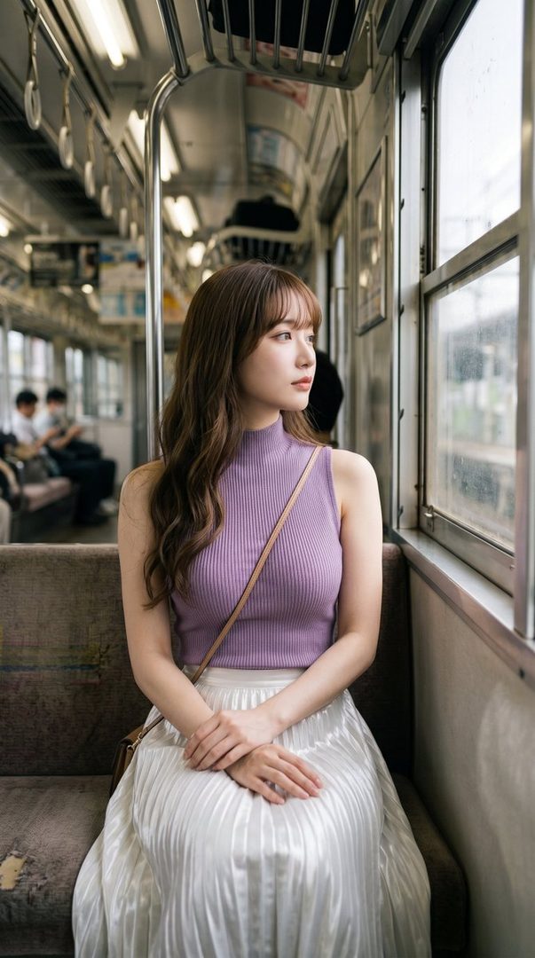 A young woman with long brown hair sits on a train, looking out the window.
