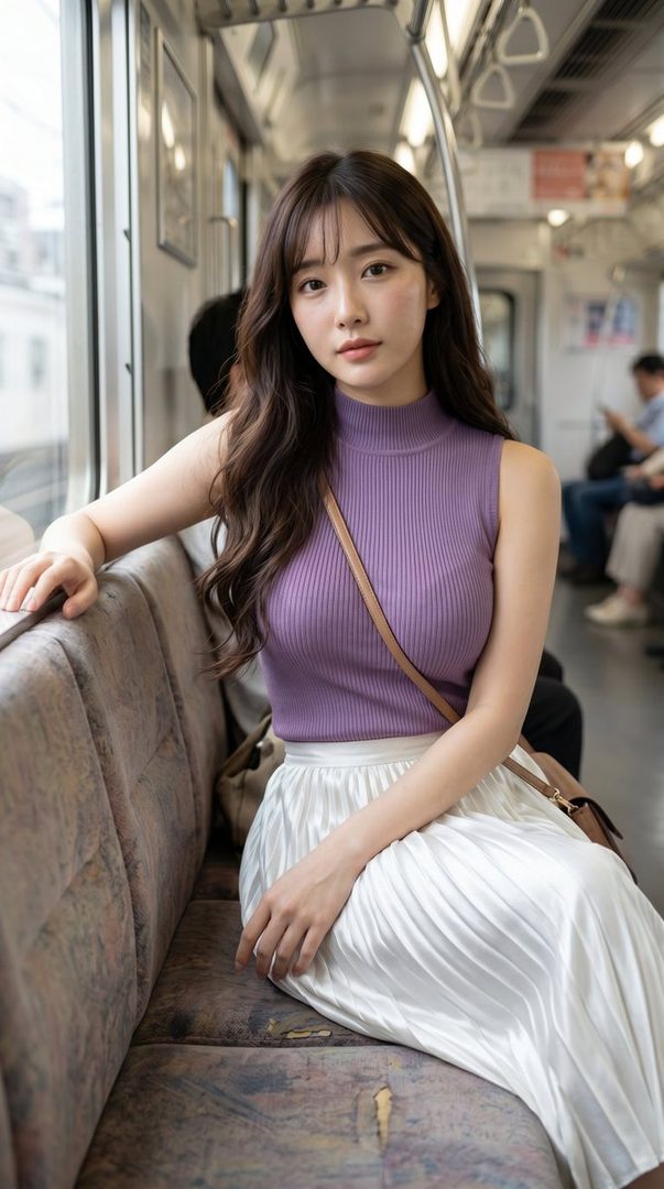 A young woman with long brown hair wearing a purple sleeveless top and a white pleated skirt sits on a train, looking towards the camera with a gentle expression.