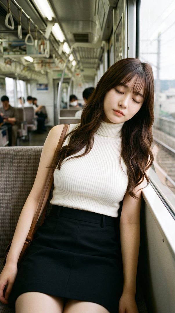 A young Japanese woman with long brown hair, wearing a white sleeveless turtleneck and a black skirt, sleeps on a train.