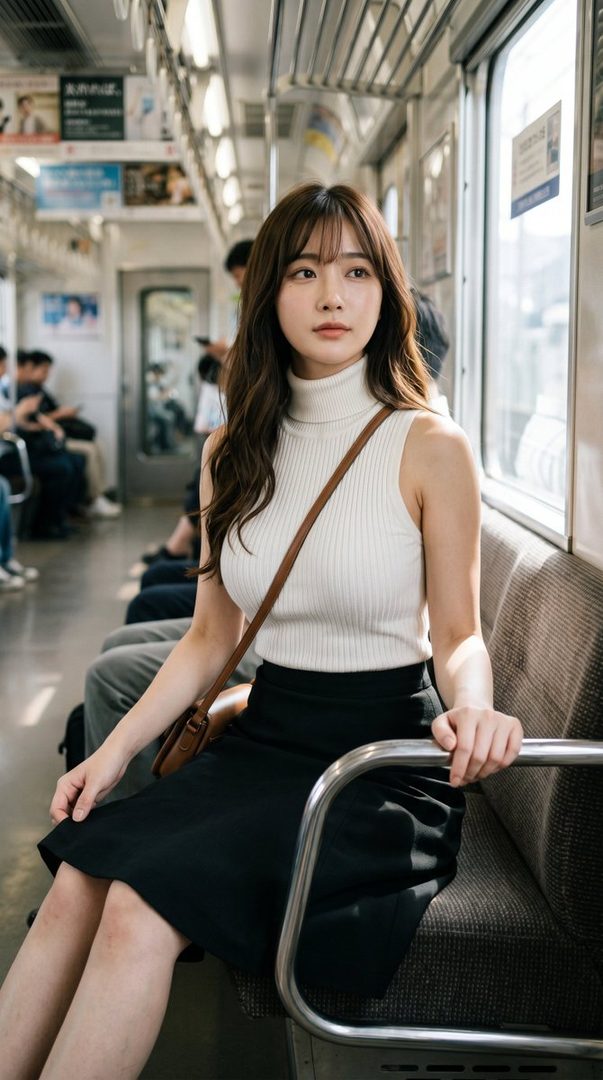 A young woman with long brown hair, wearing a white turtleneck sleeveless top and a black skirt, sits on a train, looking thoughtfully out the window.