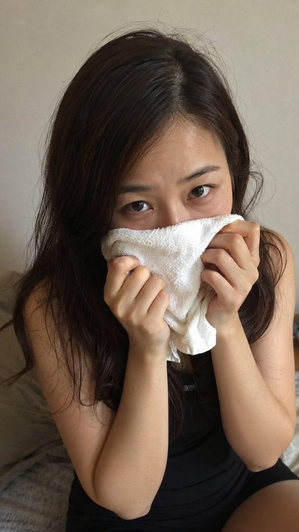 A woman with long dark hair covers her mouth and nose with a white towel, looking shyly at the camera.