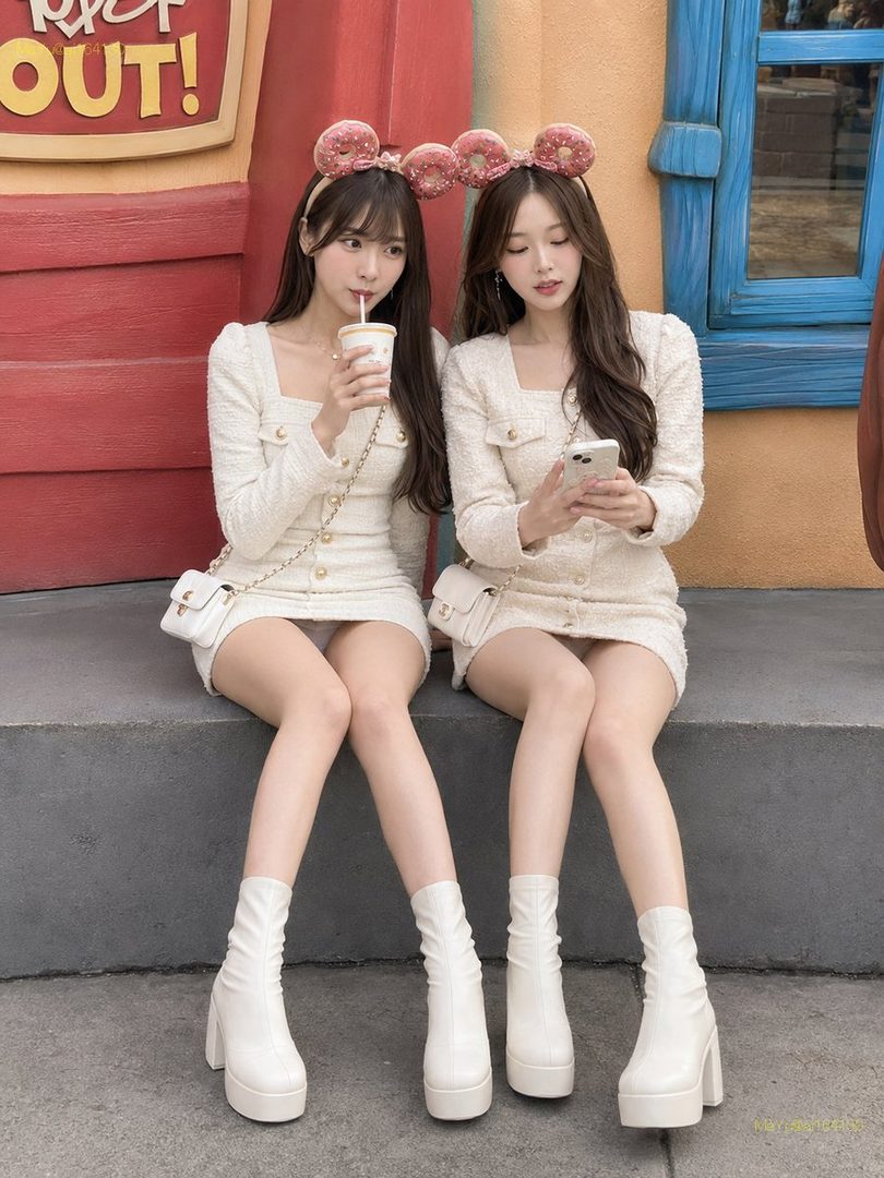 Two young women in matching white tweed outfits and platform boots, wearing Mickey Mouse-themed headbands, sit outdoors and pose for a photo.