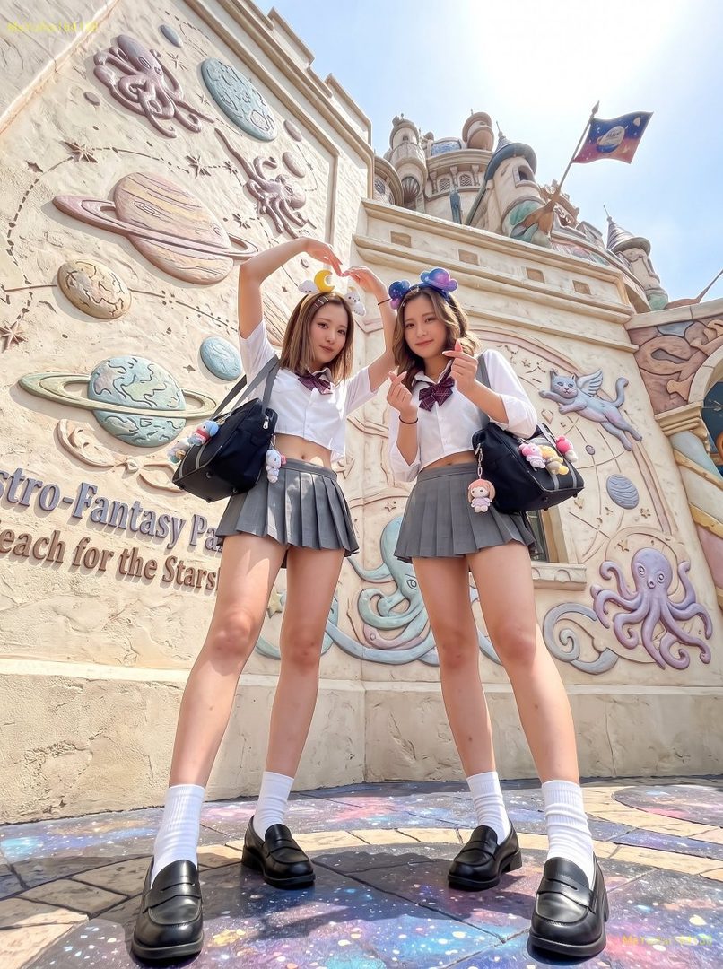 Two young women in school uniforms pose in front of a fantasy-themed castle, holding bags with cute charms.