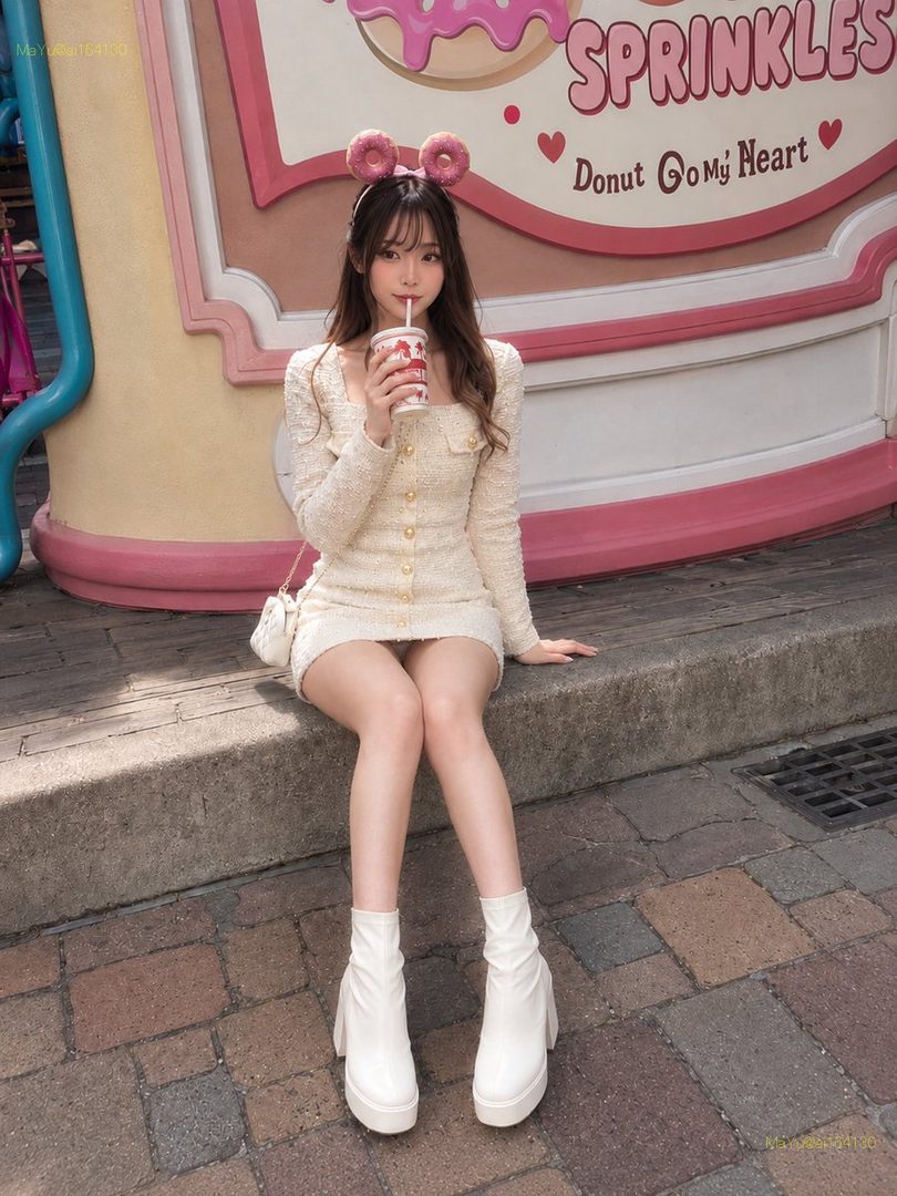 A young woman with long brown hair and a donut-themed headband drinks from a cup while sitting outdoors in front of a colorful building.
