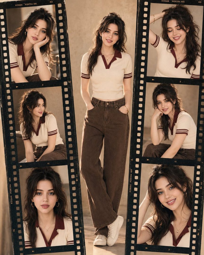 A young woman with long brown hair, wearing a cream polo shirt and brown jeans, is featured in a vintage film strip collage.