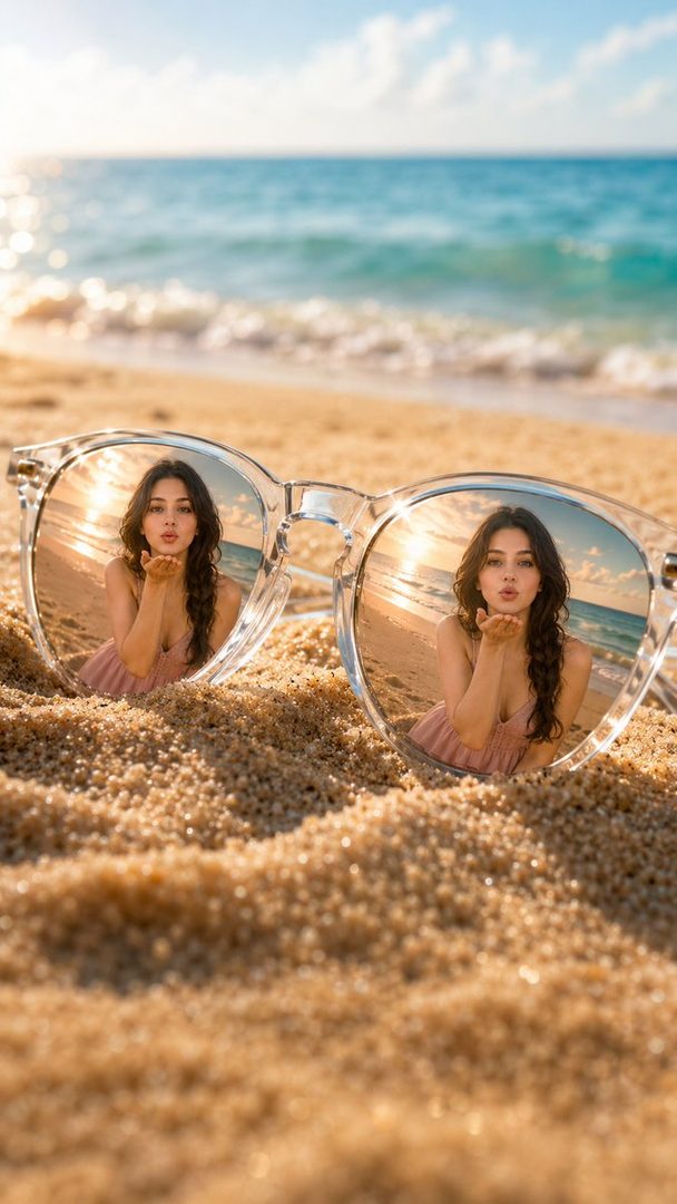 A pair of sunglasses on a sandy beach reflects a young woman in a pink dress blowing a kiss at sunset.