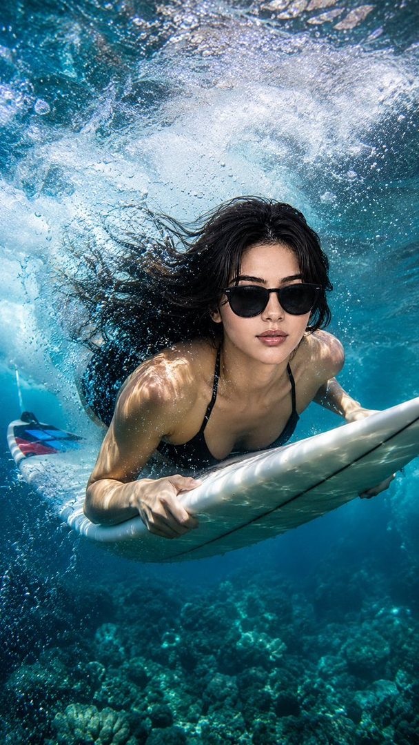 A woman with black hair and sunglasses is surfing underwater, holding a white surfboard with a blue and red tail, surrounded by bubbles and clear blue water.