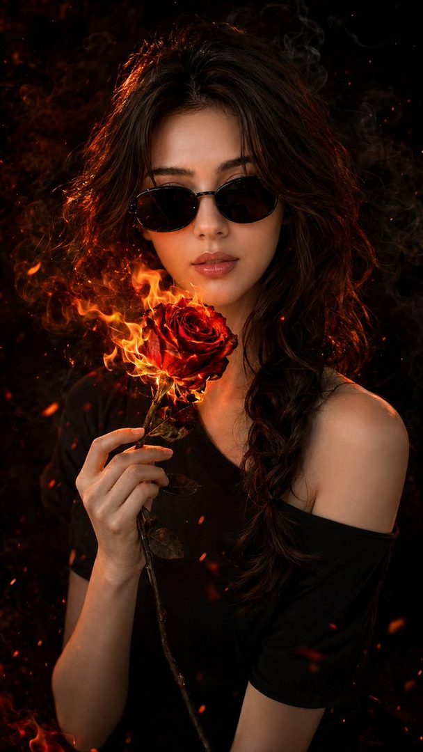 A woman with long dark hair and sunglasses holds a rose on fire, with smoke and embers around her.