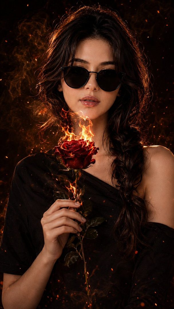 A woman with sunglasses holds a burning rose, with flames and embers surrounding her.