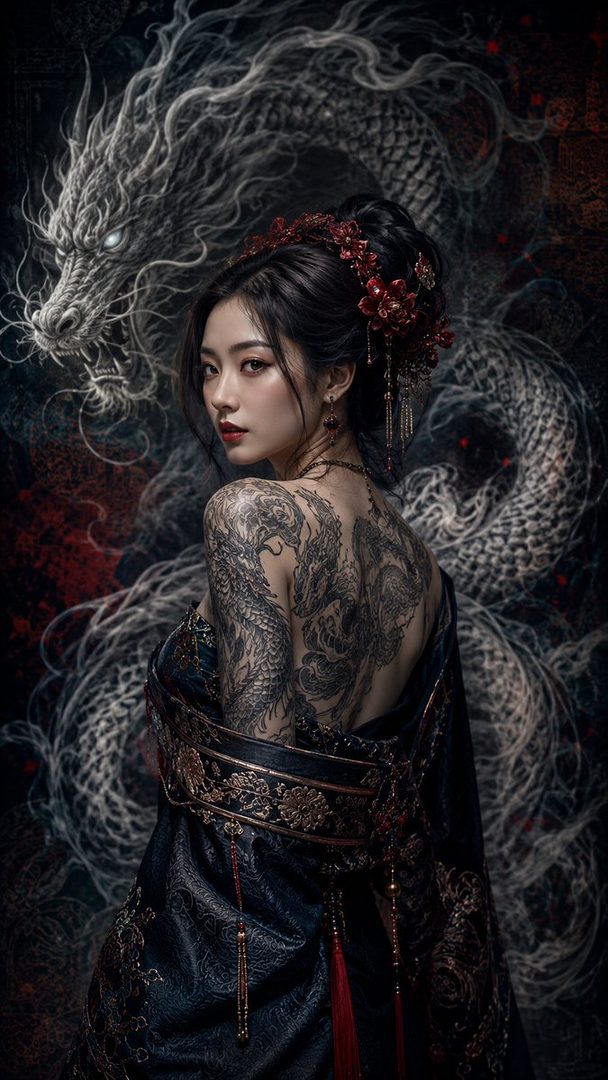 A woman with extensive dragon tattoos on her back and arms, wearing a dark, ornate kimono, posing against a dark background with a large dragon motif.