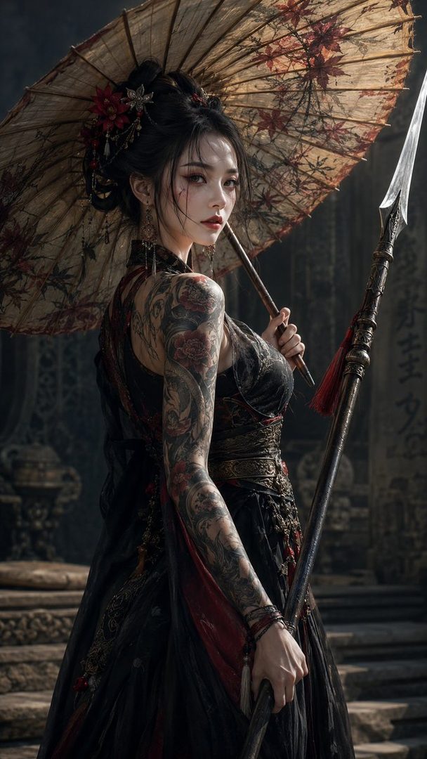 A photorealistic portrait of an East Asian woman with intricate tattoos on her arms, holding a traditional parasol and a spear, dressed in a dark, ornate outfit.