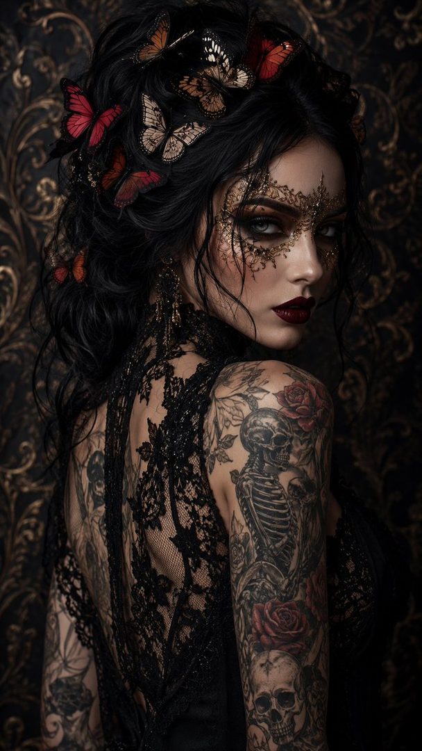 A gothic woman with black hair adorned with butterflies, intricate gold face makeup, and extensive skull and rose tattoos on her arms and back, posing indoors.