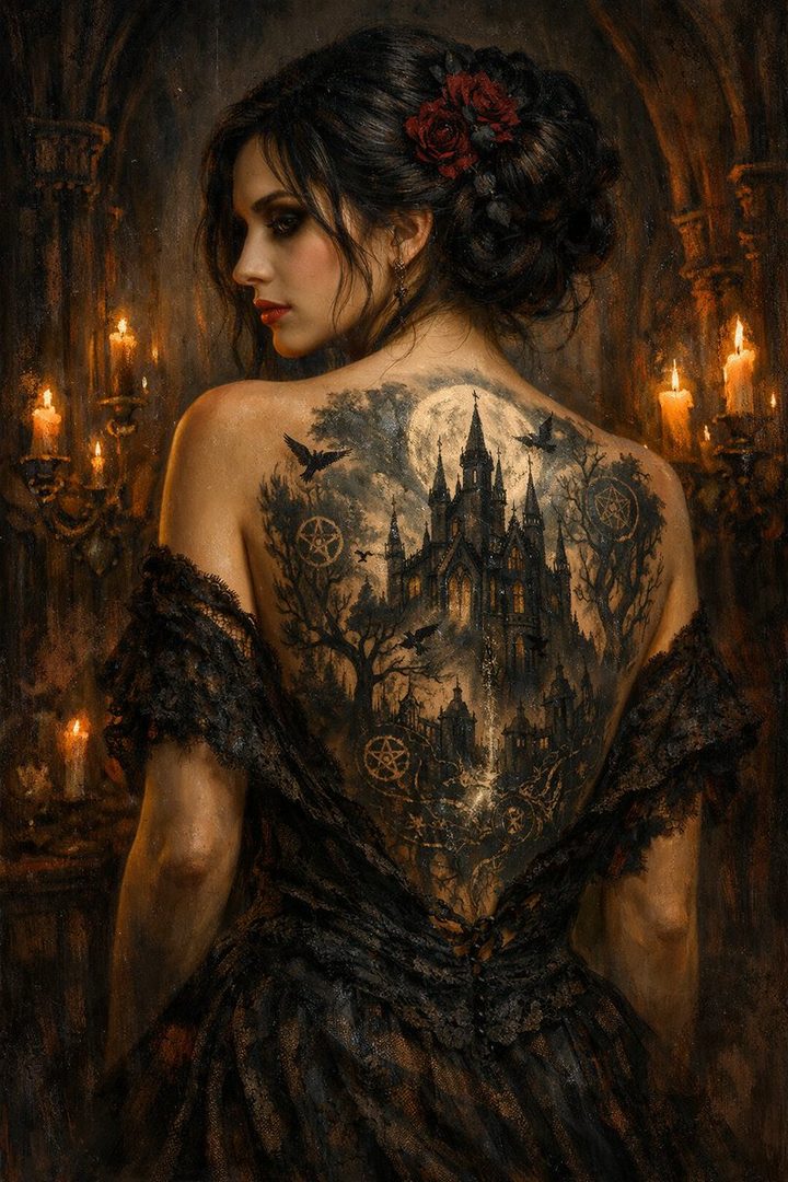 A woman with a large, intricate gothic cathedral tattoo covering her back, adorned with roses in her hair, posing in a dimly lit room with candles.