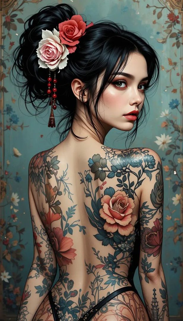 A photorealistic portrait of a woman with black hair styled in an updo with roses, adorned with a full-back floral tattoo, against a vintage botanical background.