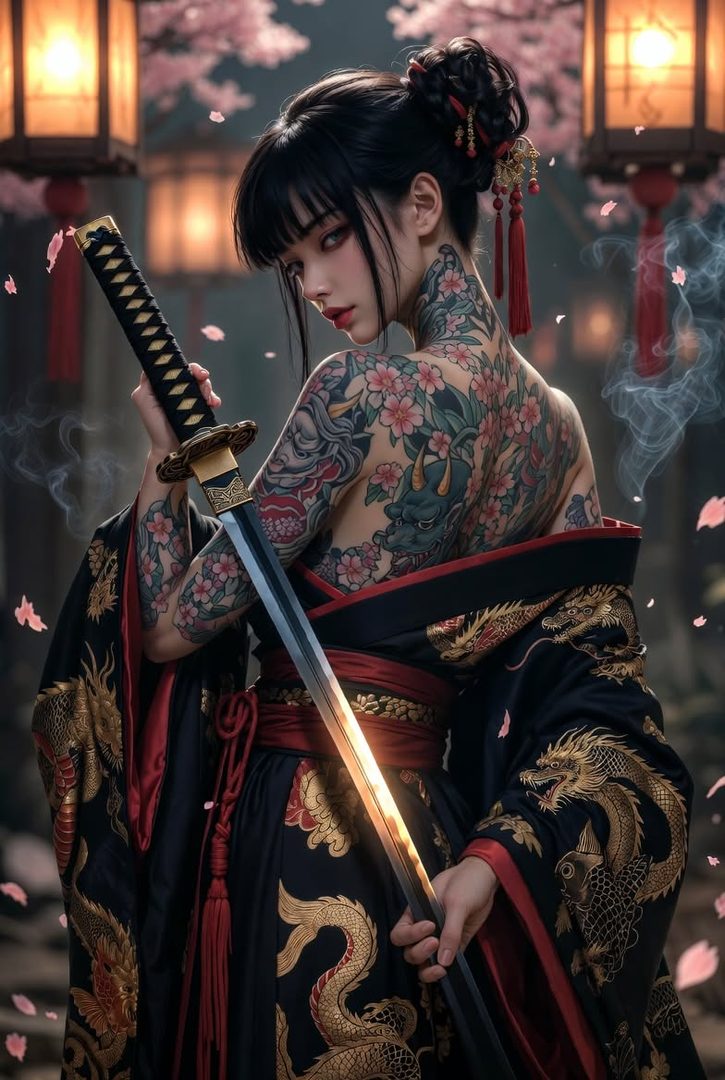 A photorealistic portrait of a tattooed woman in a black and red kimono holding a katana, with lanterns and cherry blossoms in the background.