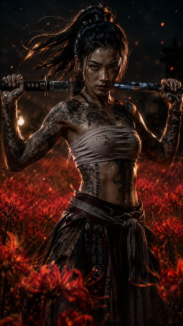 A tattooed woman with a sword stands in a field of red flowers.