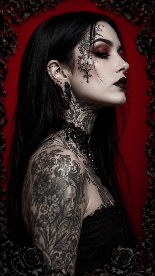 A highly tattooed woman with long black hair and dark makeup, posing in a gothic style with a red background and black ornate frame.