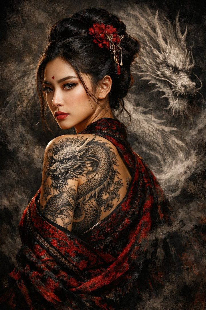A photorealistic portrait of an East Asian woman with a dragon tattoo on her back, wearing a red and black kimono, looking over her shoulder.
