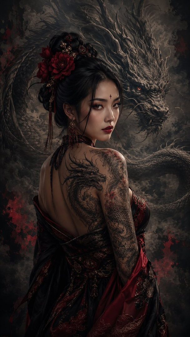 A photorealistic portrait of an East Asian woman with intricate dragon tattoos on her back and arm, wearing a red and black kimono, with a large dragon head emerging from smoke behind her.