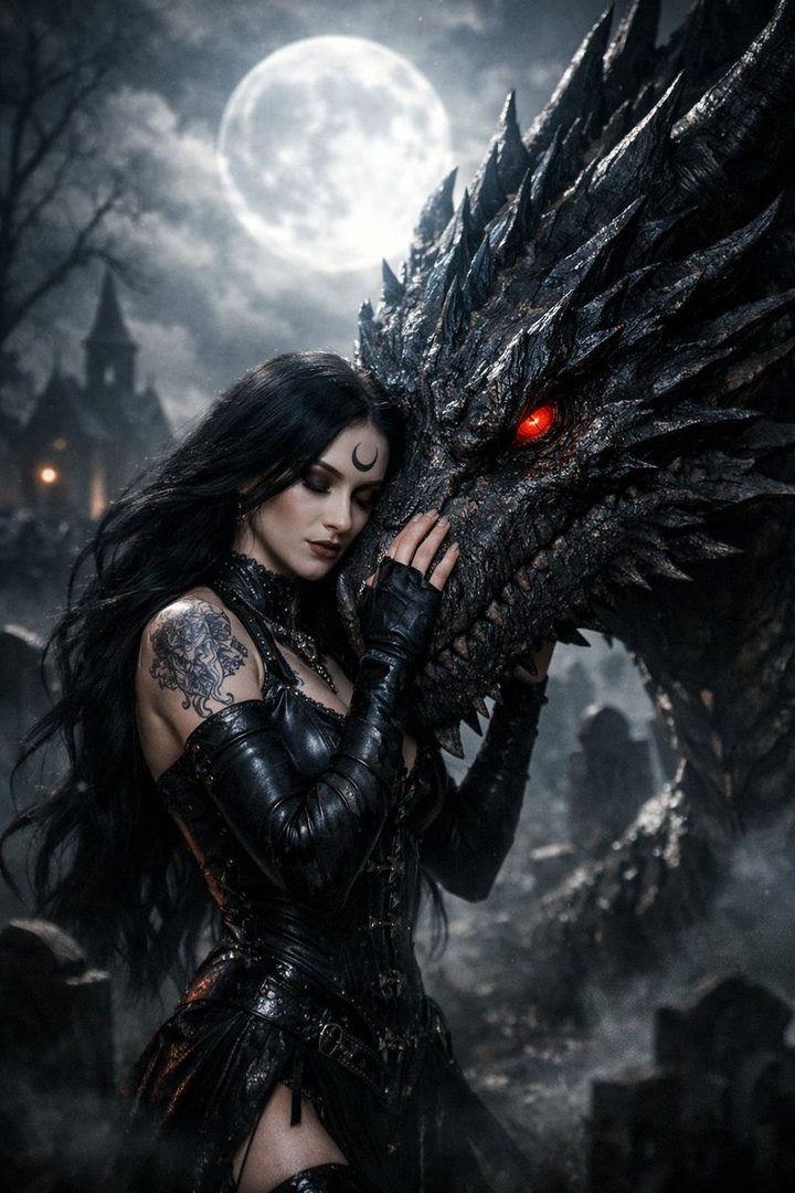 A gothic woman with long black hair and a crescent moon on her forehead embraces a black dragon with glowing red eyes under a full moon.