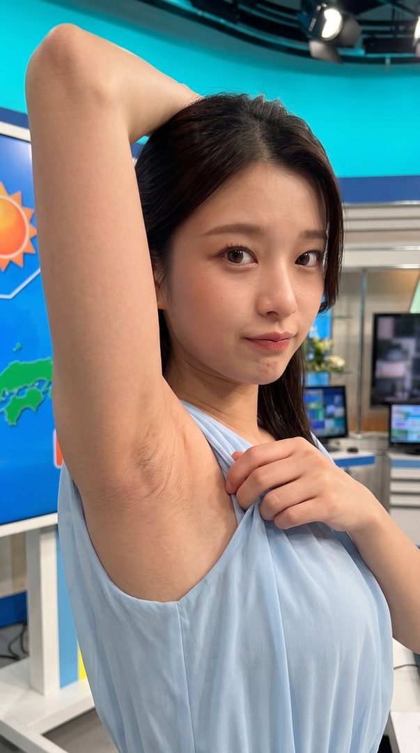 A young East Asian woman in a light blue dress poses in a studio with her arm raised, revealing her armpit.