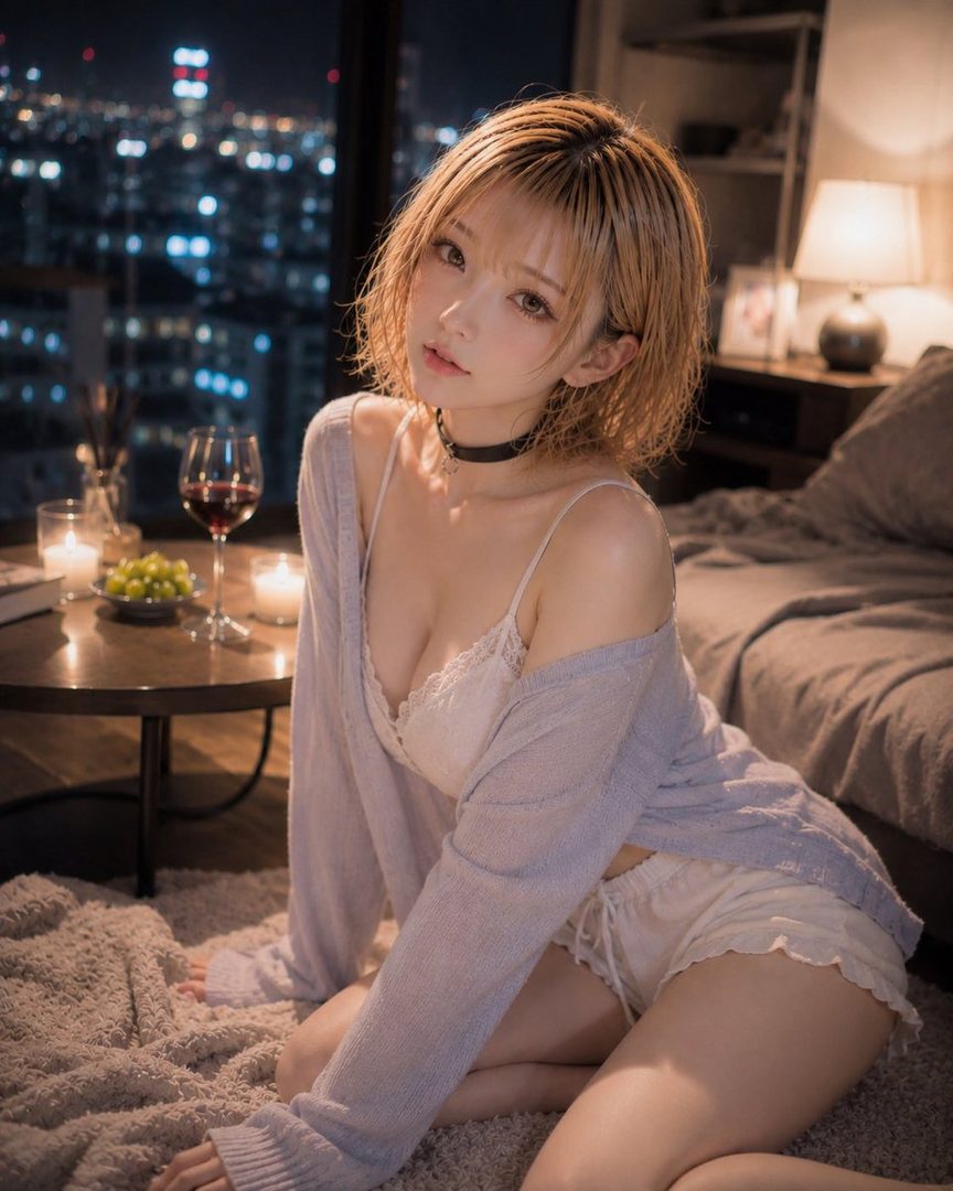 A young woman with short blonde hair sits indoors at night, wearing a light cardigan over a lacy camisole and shorts, with a city view in the background.