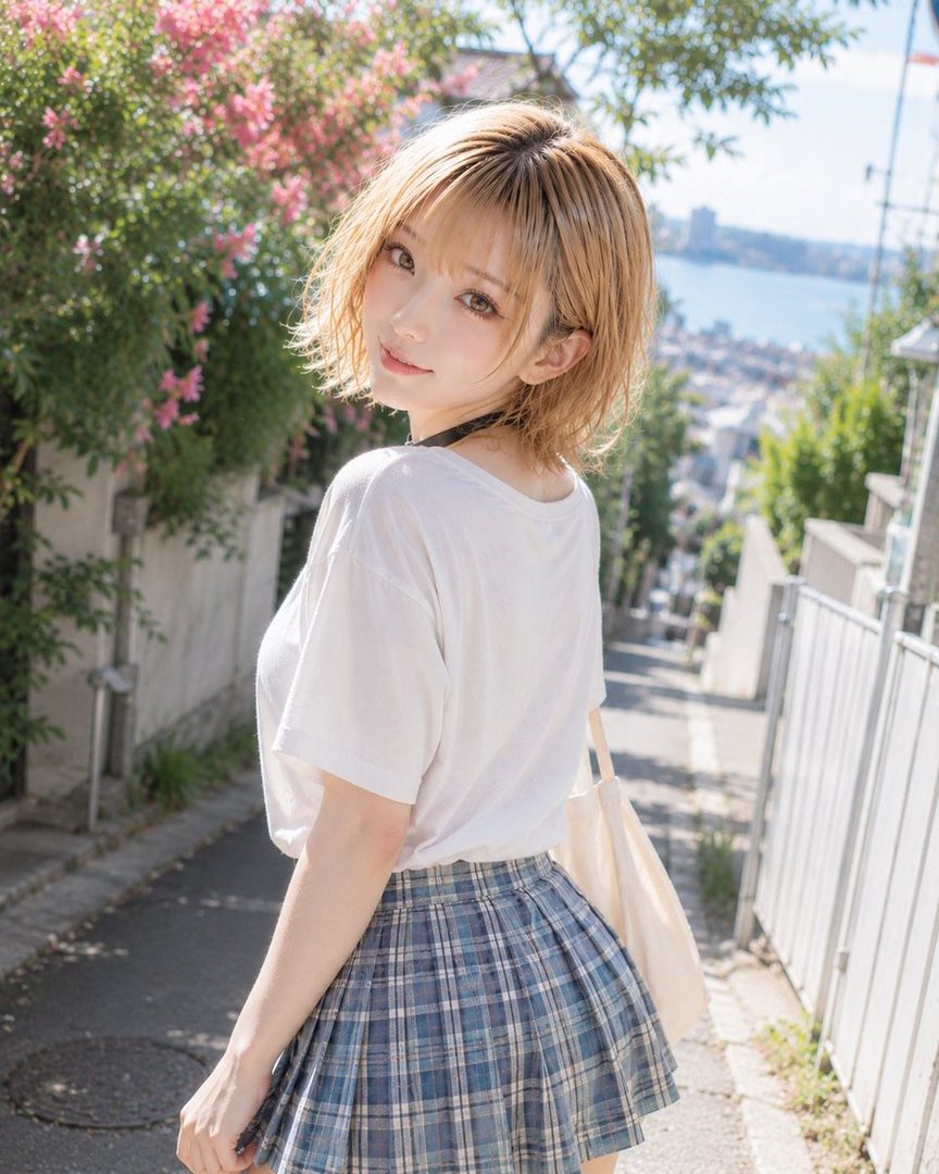 A young woman with short blonde hair and a white t-shirt, wearing a plaid skirt, poses on a street with a scenic background.
