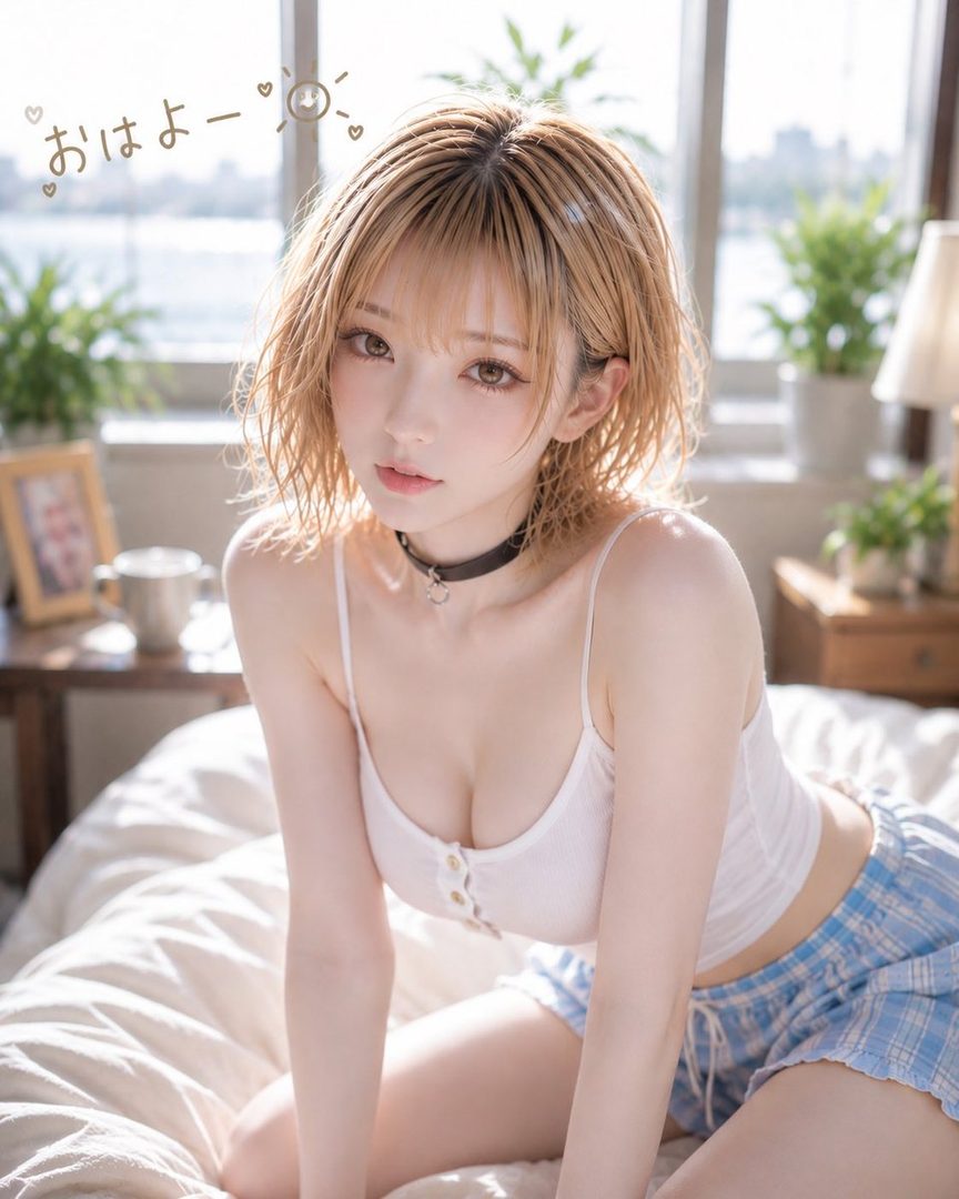 A young woman with short blonde hair wearing a white camisole and plaid shorts, posing indoors on a bed.