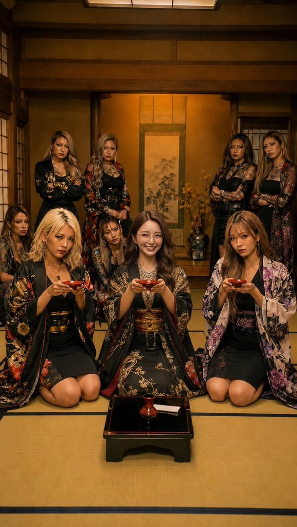 A group of nine women in traditional Japanese-style kimonos and modern dresses, posing indoors with tea cups.