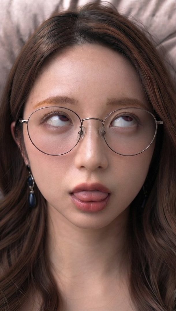 A young woman with brown hair and glasses makes a playful face, sticking her tongue out.
