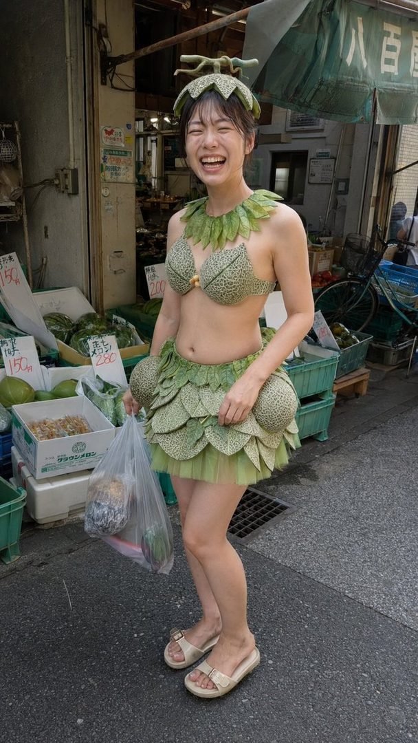 A young woman in a playful melon-themed costume, including a leaf bra and skirt, laughs while standing in a market holding a plastic bag.