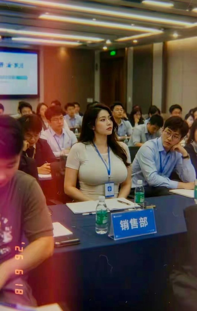 A woman in a light-colored blouse sits at a table in a conference room, looking to the side.