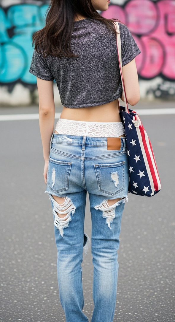 A woman wearing ripped jeans and a sparkly crop top stands outdoors with graffiti in the background.
