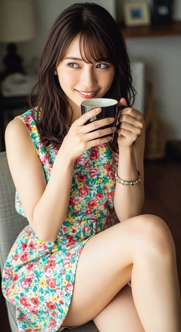 A young East Asian woman with long brown hair and bangs, wearing a floral dress, holds a black mug and smiles.