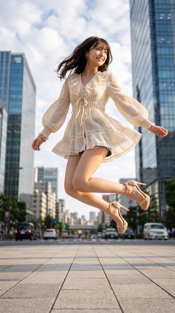 A young woman in a white dress and high heels jumps in the air on a city street with skyscrapers in the background.