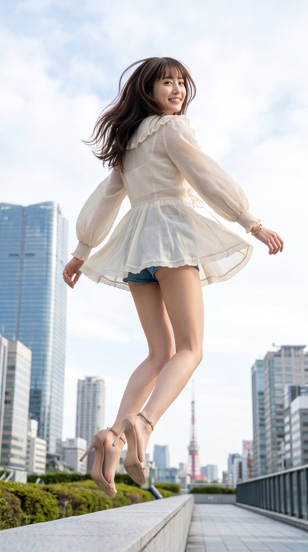 A young Japanese woman in a white dress and denim shorts jumps in the air with a city skyline in the background.