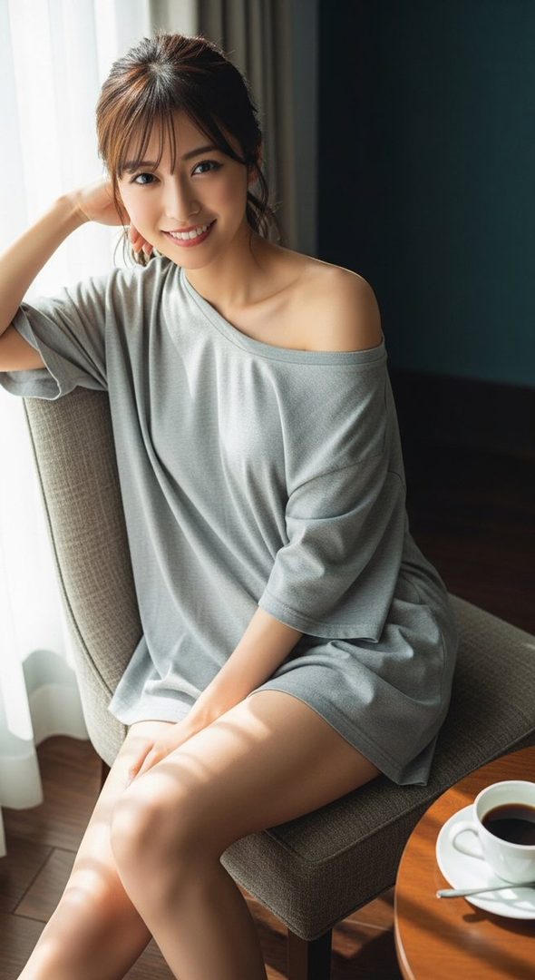 A young East Asian woman with brown hair smiles gently while sitting indoors, wearing a casual grey off-the-shoulder top.