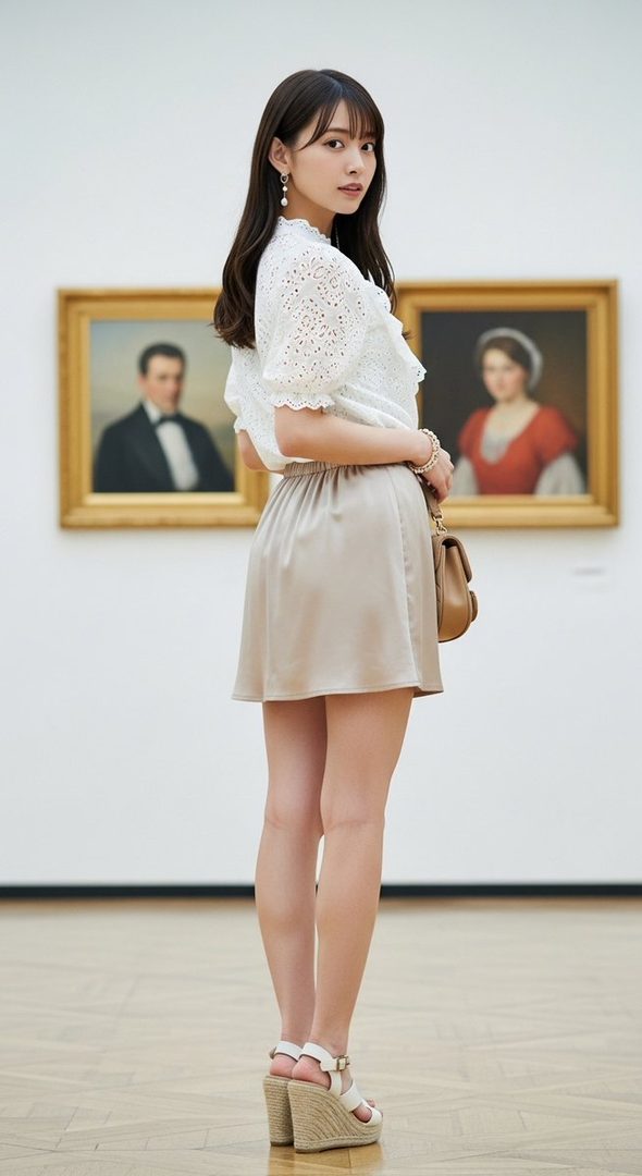 A young East Asian woman with long dark hair and bangs, wearing a white eyelet blouse and a beige satin skirt, stands in a museum gallery with classical paintings in the background.