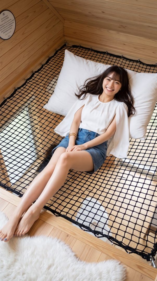 A young woman with long dark hair smiles while lying on a net bed indoors.