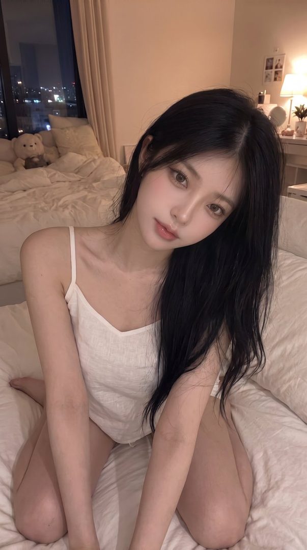 A young woman with long black hair, wearing a white camisole, poses suggestively on a bed in a bedroom at night.