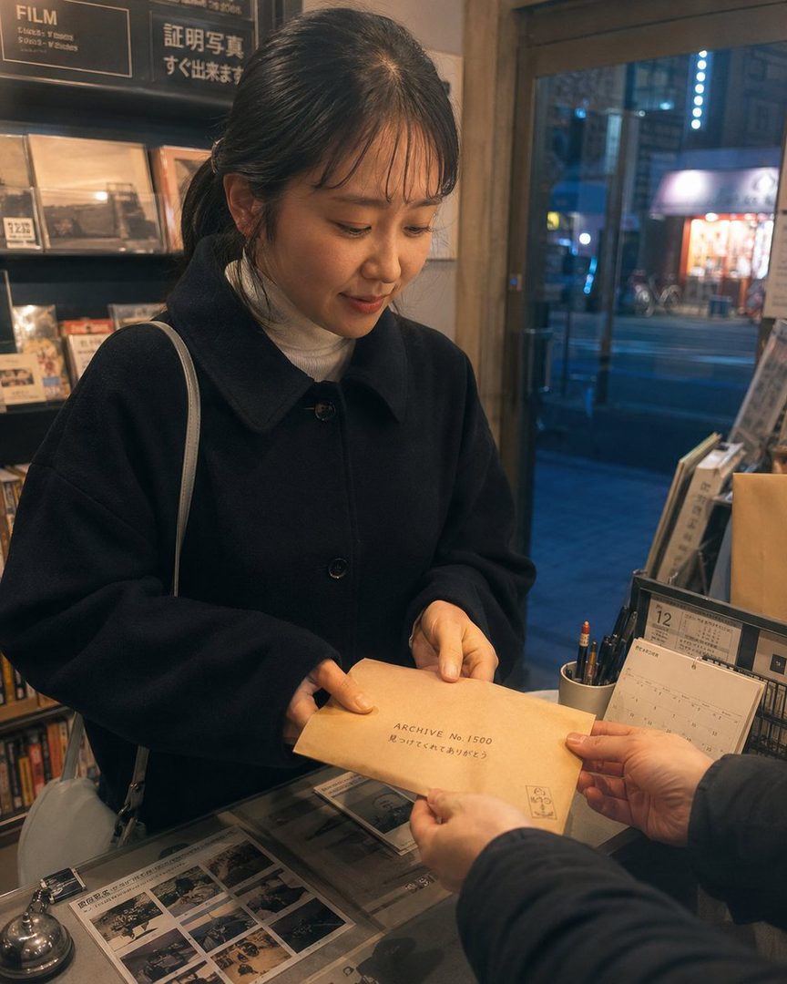 A young woman with dark hair tied back, wearing a dark coat and white turtleneck, is receiving an envelope in a cozy shop setting during the evening.