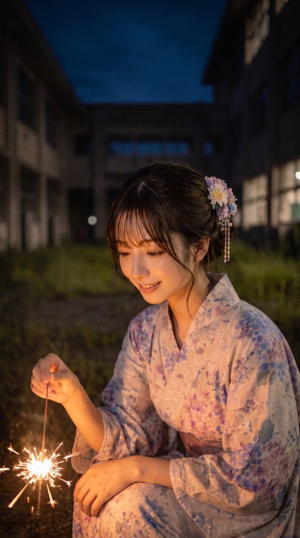 A young woman in a yukata holds a sparkler at night, with a building in the background.
