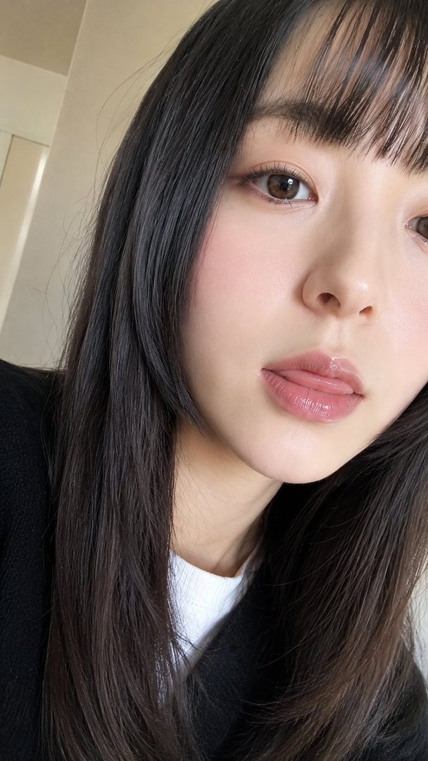 Close-up selfie of a young East Asian woman with long dark hair and bangs, wearing a black cardigan over a white top, with a playful expression.