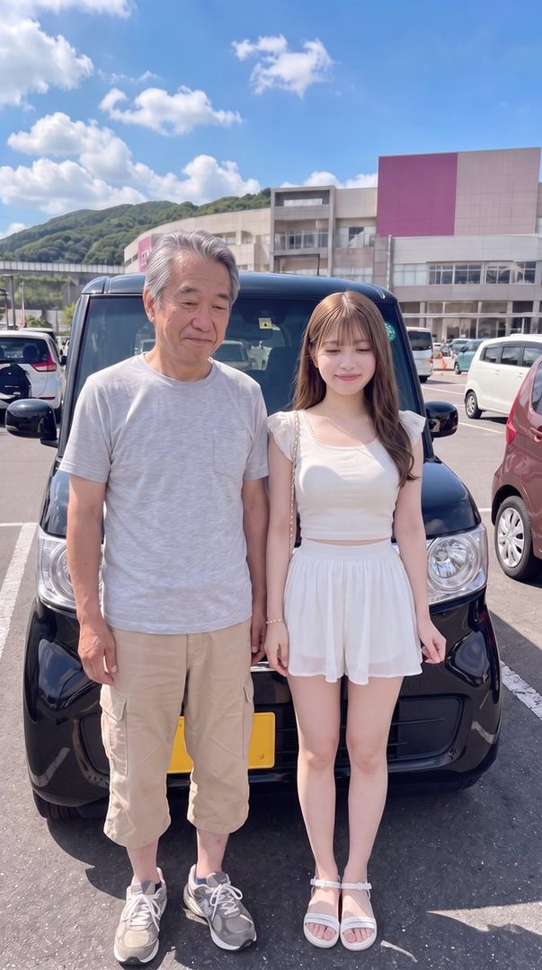 A young woman in a white crop top and skirt stands next to an older man in a t-shirt and cargo shorts in a parking lot.