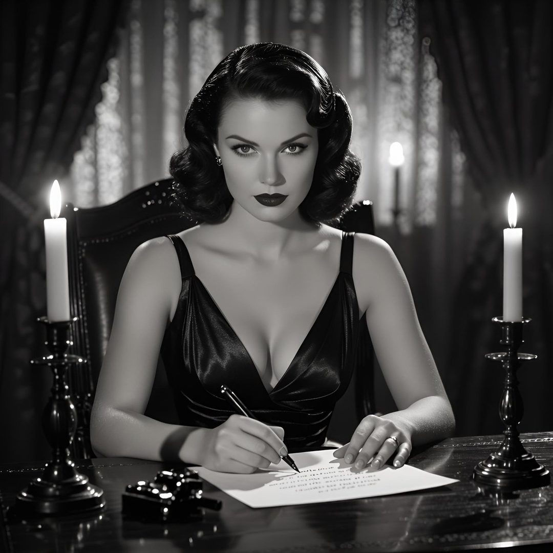 A black and white portrait of a woman in a vintage style, wearing a low-cut dress and writing at a desk by candlelight.